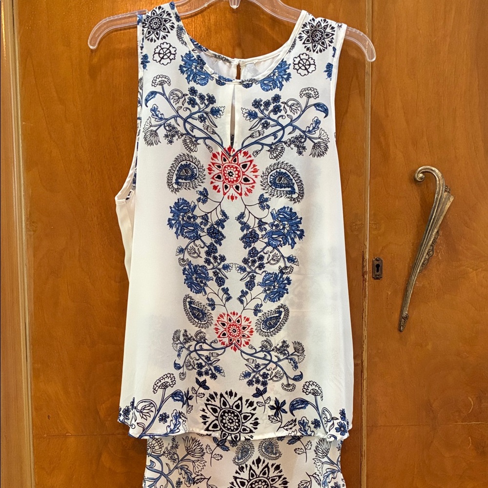Floral Sleeveless Top with Blue and Red Accents